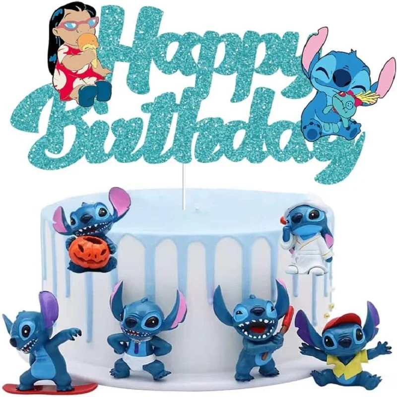 Lilo & Stitch Blue Glitter Cake Topper Happy Birthday Decors for Kids Birthday Party Baby Shower Sign Decorations Double-side