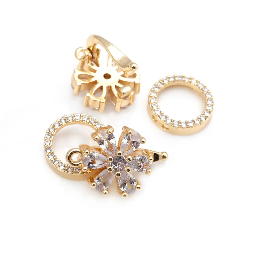 4 Sets 18K Gold Color Brass and Zircon Flower Round Connector for Necklaces Bracelet Clasps Jewelry Making Supplies Accessories