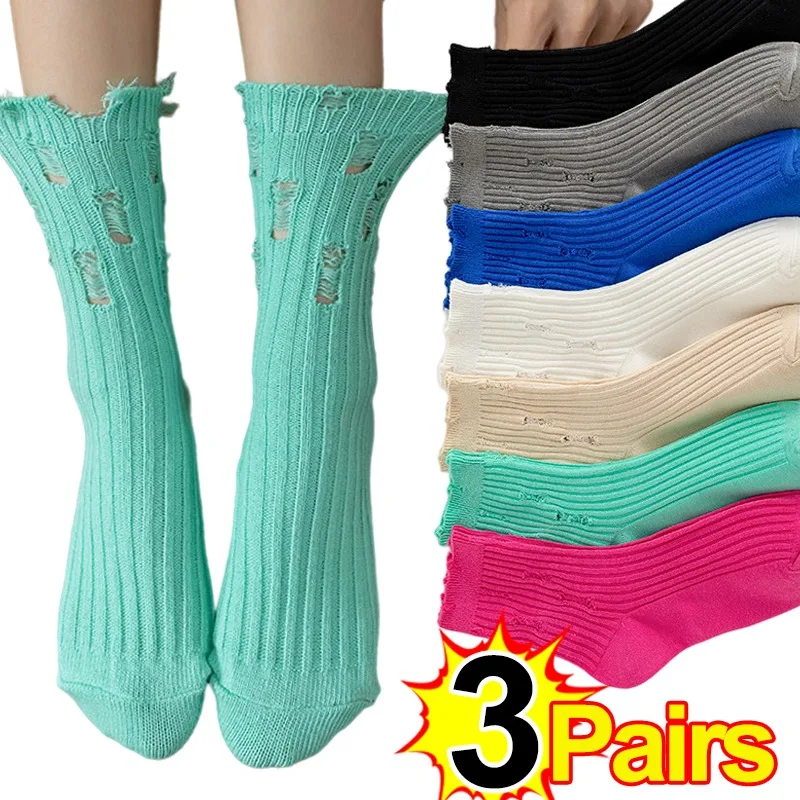 1/3pairs Punk Broken Cotton Socks Harajuku Street Hole Beggar Medium Tube Autumn Winter Pile Hip-Hop Skateboard Cotton Socks