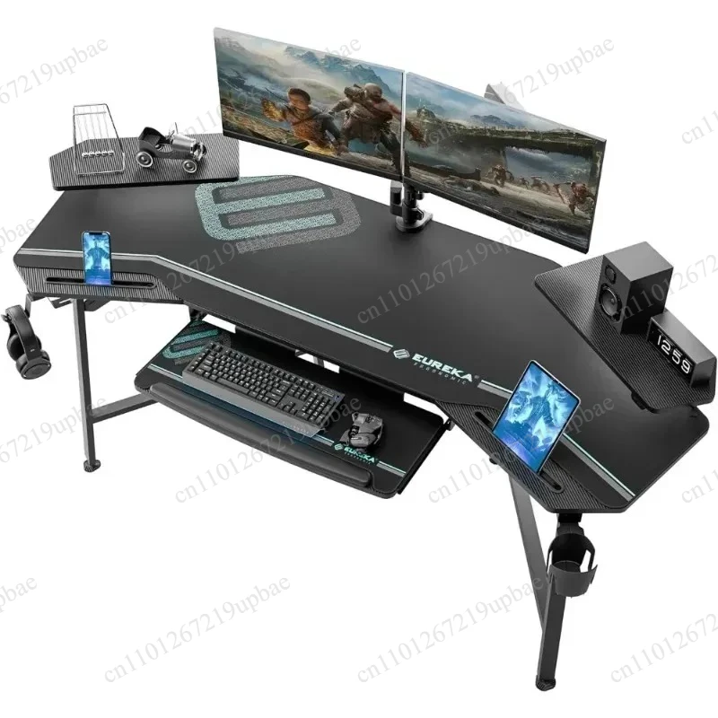 72 Inch Wing Shaped Aero Gaming Desk with LED Lights Keyboard Tray Monitor Stand Dual Headphone Holder Home Office Studio Desk