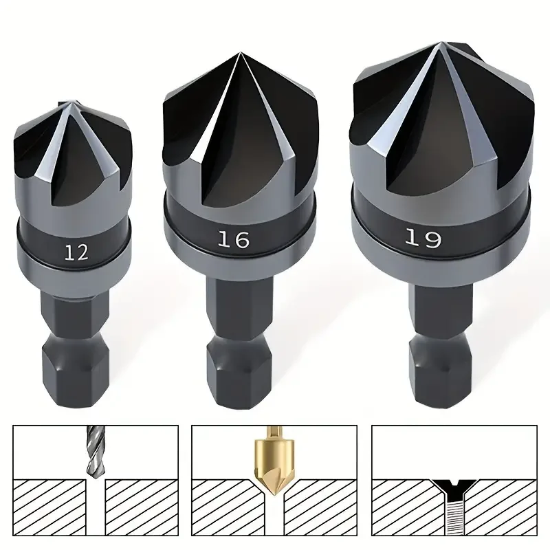 3pcs/set 90 Degree 1/4 Hex Shank Drill Bit 5 Flute 12-19mm Woodworking Chamfer Counter Sink Chamfering Debur Countersink