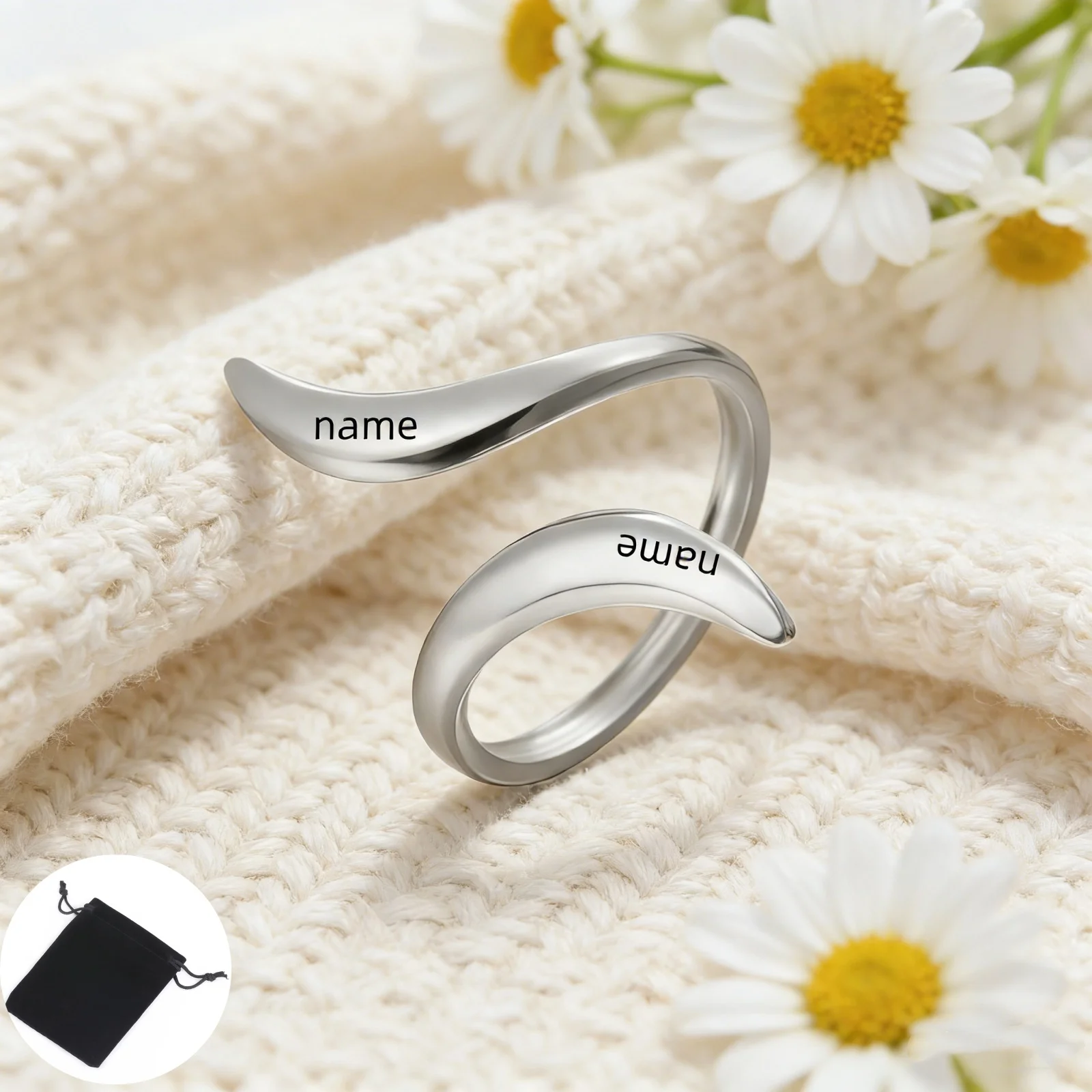 Customized Name Text Geometric Lines Serpentine Opening Ring Stainless Steel Irregular Geometry Women's Ring Jewelry Gift