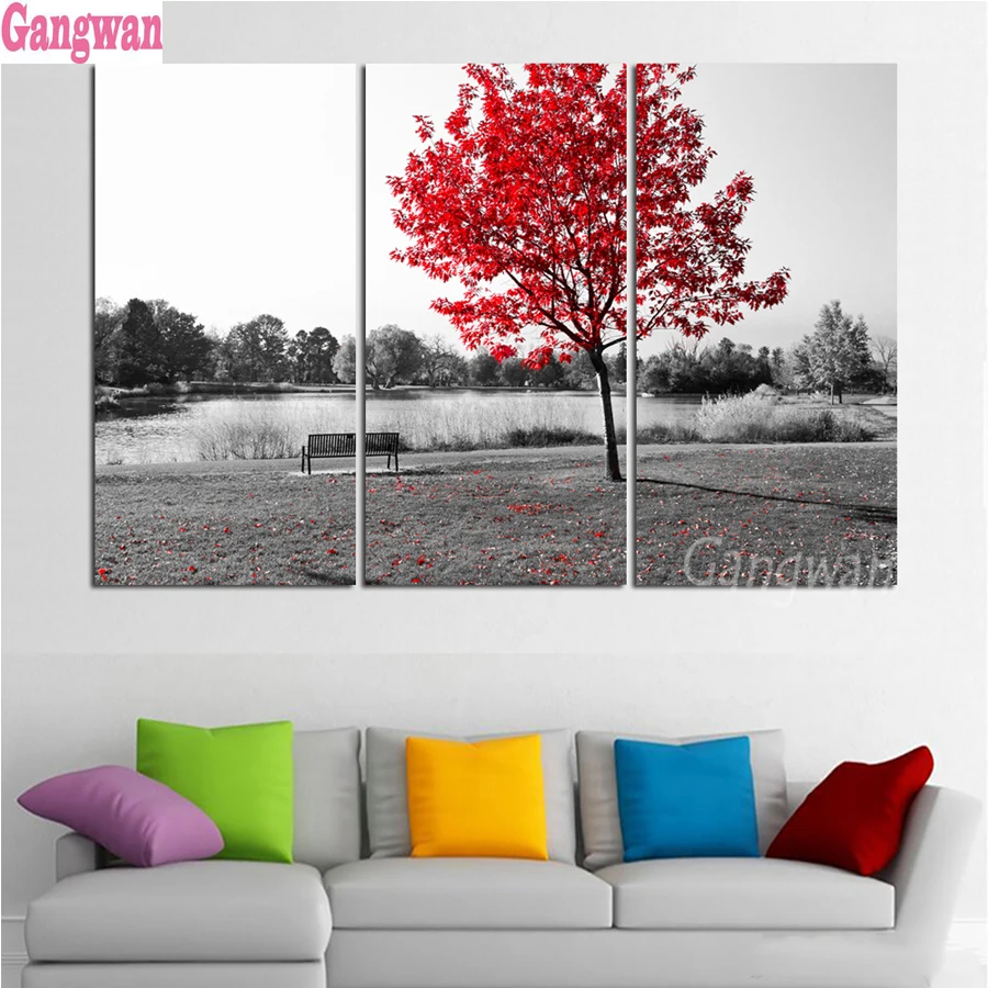 5D round square diamond embroidery 3 Panel set Red Trees lake Diy full sets diamond painting mosaic pictures rhinestones decor