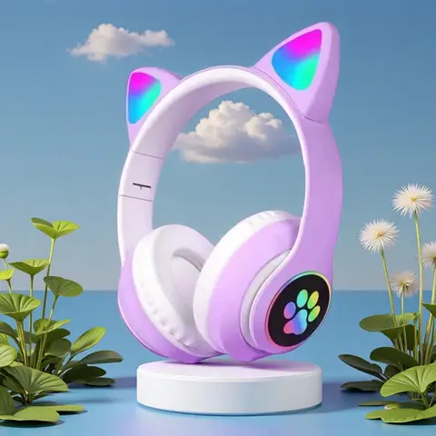 Cute Cat Wireless Headphones RGB Cute Cat Ears Headset With Microphone Noise Cancelling Kid Stereo Music Children's Gifts