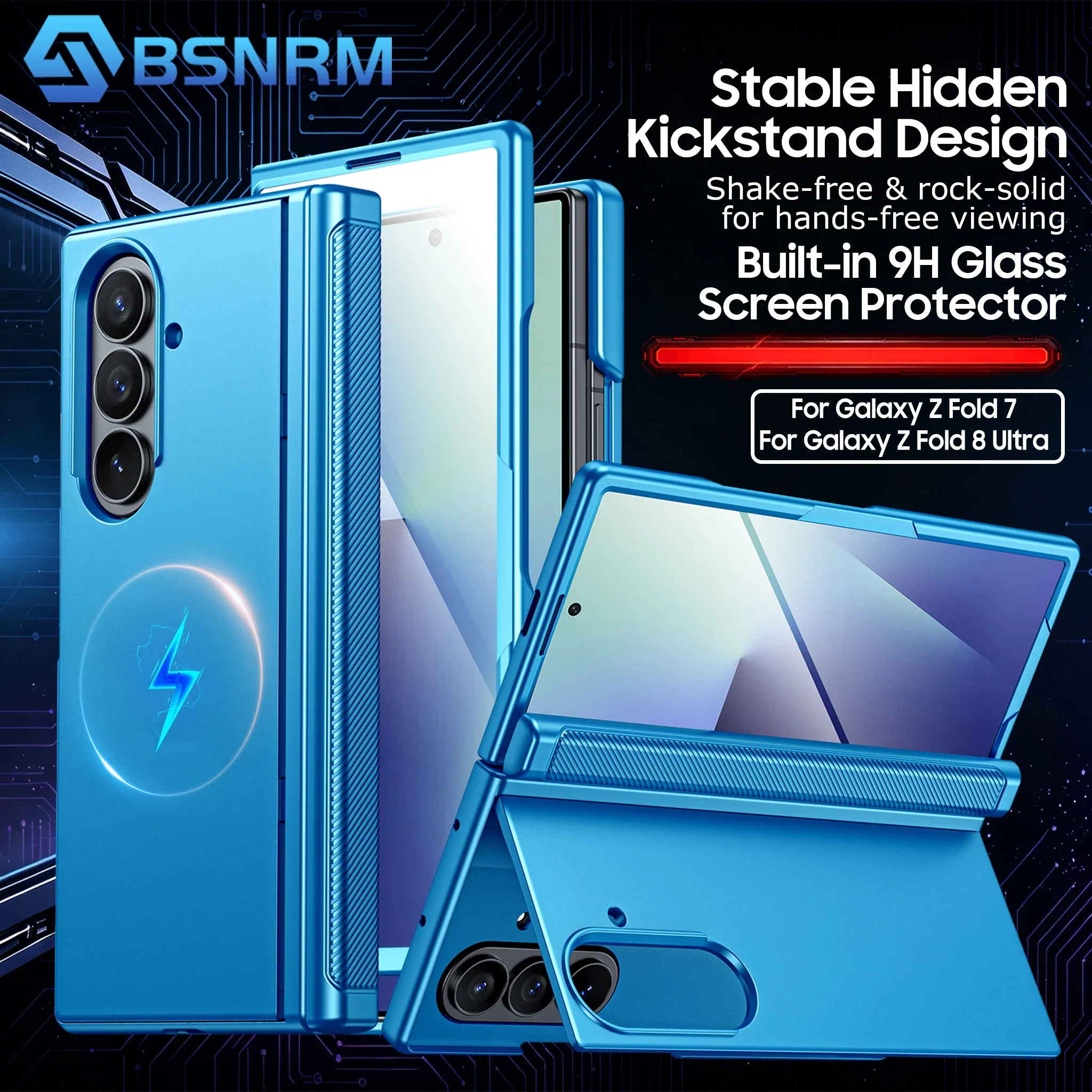 For Galaxy Z Fold 7 8 Ultra Built‑in 9H Glass Screen Protector Hidden Kickstand Protection Shockproof Armor Phone Case-SKY Blue