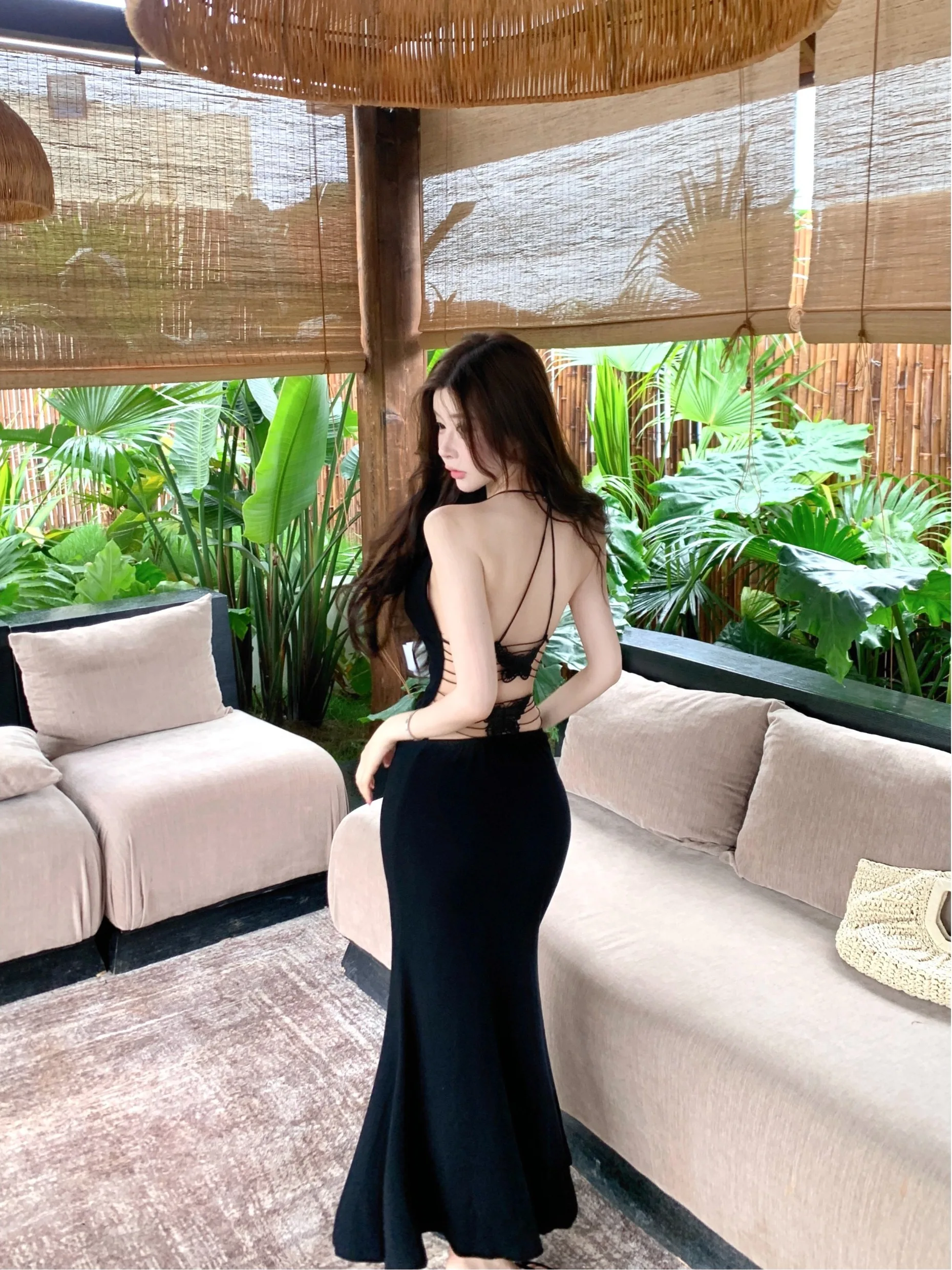 Pure Desire Sexy Backless  Knot Strap Dress Women's Summer Black Holiday Style Slimming Long Skirt Bodycon Dress