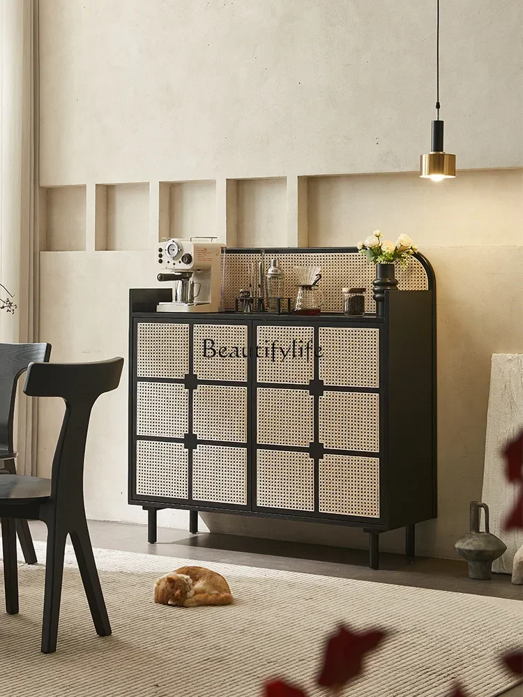 

02 Retro solid wood dining side cabinet, wabi-sabi wind storage, Japanese rattan entrance, medieval storage cabinet