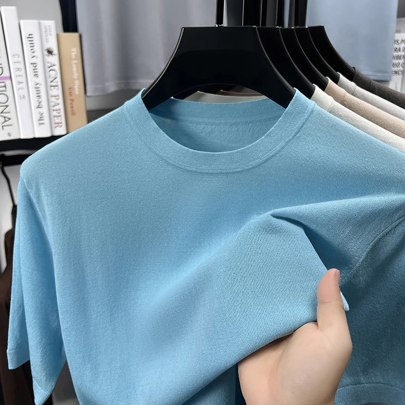 75,4% лиоцелловый трикотаж для мужчин, весна-лето 2021, повседневная вязаная футболка с круглым вырезом и коротким рукавом, дышащие льняные вязаные топы