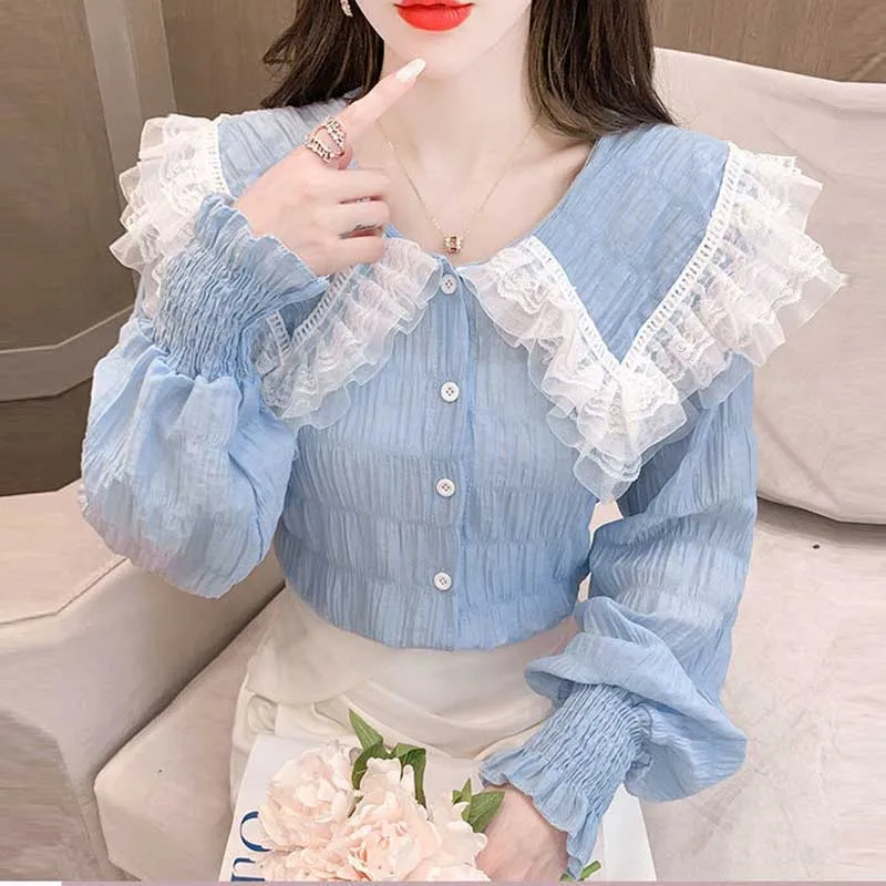 Sweet Peter Pan Collar Lace Folds Princess Sleeve Shirts Female Clothing 2024 Spring New Loose Korean Tops Office Lady Blouses