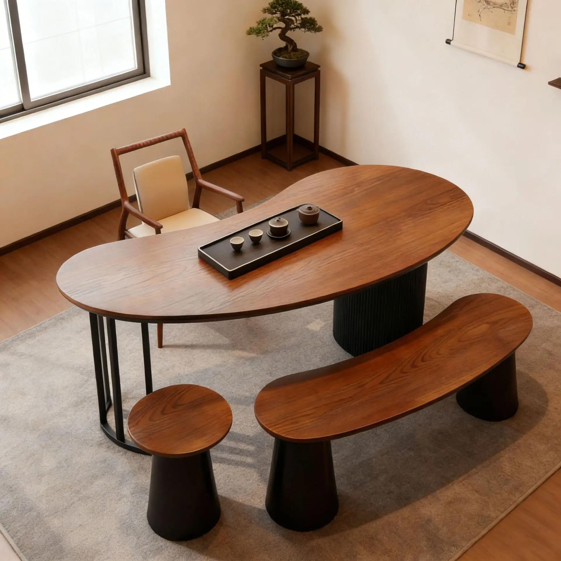 Song-style aesthetics walnut-colored crescent tea table chair curved balcony living room household solid wood tea table desk