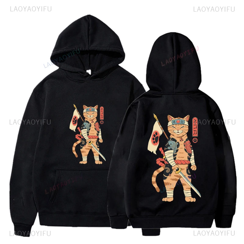 มาใหม่ล่าสุดคลาสสิกญี่ปุ่นแมวตลกพิมพ์Pullover Hoodies Top Streetwearชายยอดนิยมฤดูใบไม้ร่วงฤดูหนาว