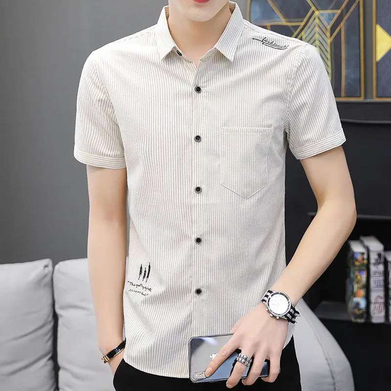 High Quality Man Stripe Short Sleeve All-match Shirt Single Patch Pocket Streak Design Casual Standard-fit Button-down Shirts