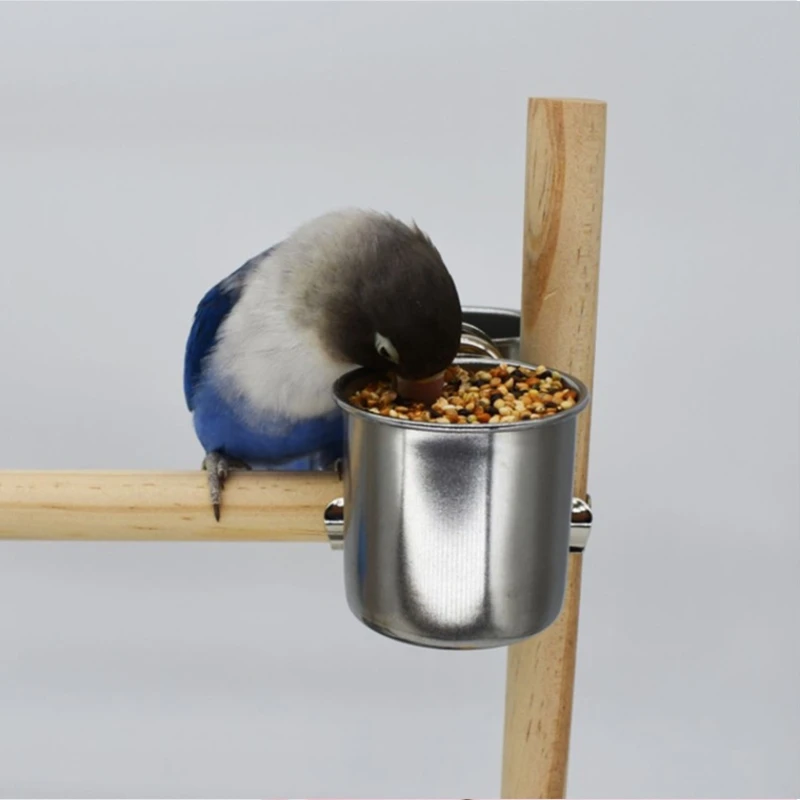 Food Water Feeding Bird Double Cups With Clip Stainless Steel Parrot Cage Stand Bird Drinking Cup for Feeding Food Water