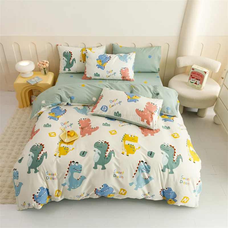 Kids Cartoon Dinosaur Duvet Cover Cotton Bedding Set Cute Dino Animal Quilt Cover Boys Girls Comforter Cover with 2 Pillowcases