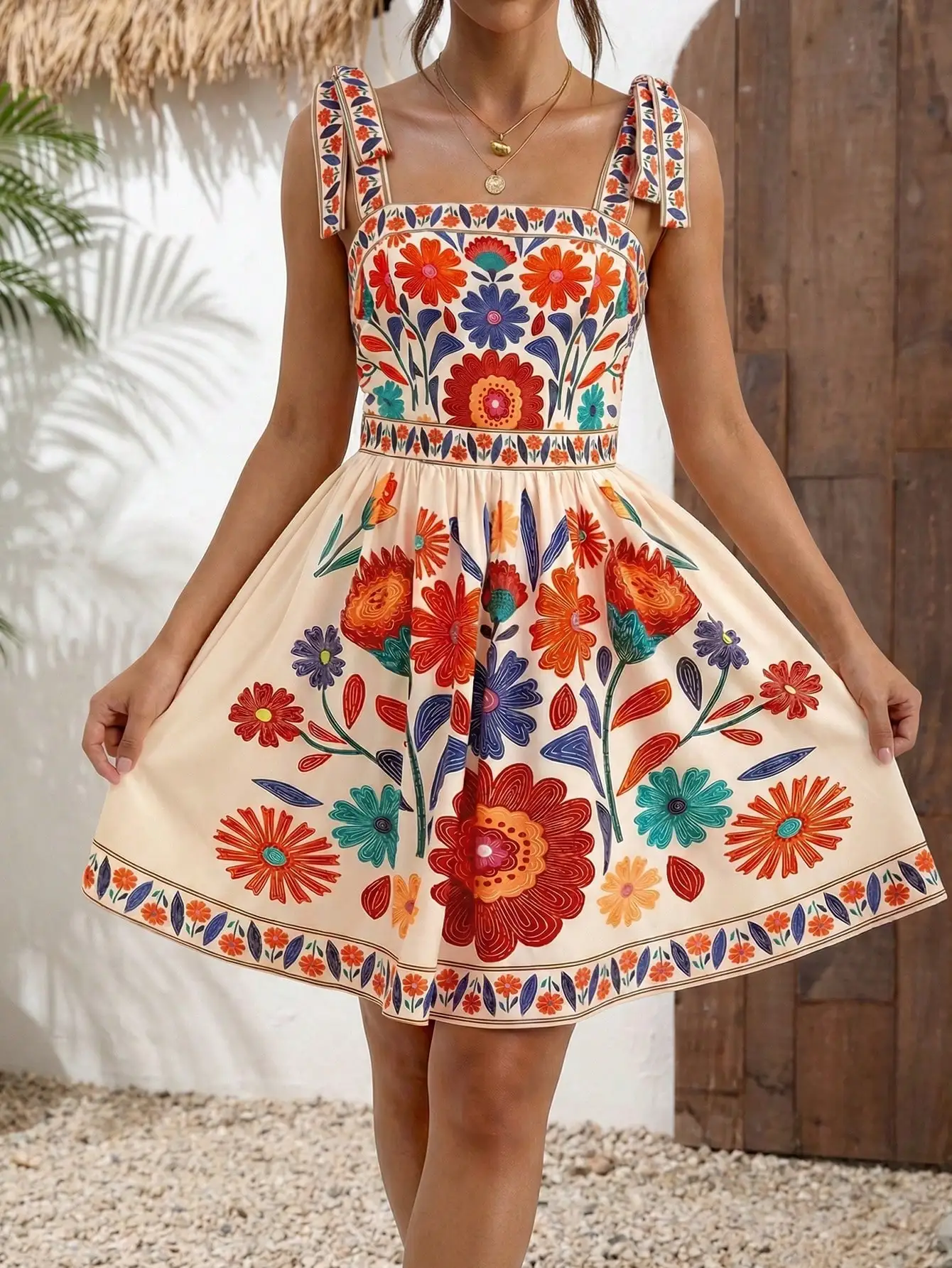 

Женское летнее повседневное мини-платье без рукавов с завязками на плечах, цветочным принтом и завышенной талией для пляжного отдыха