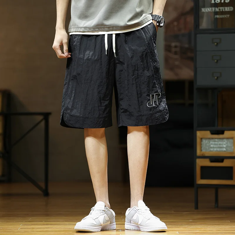 Summer Casual Loose Drawstring Casual Shorts Chic Letter Embroidery Men's Clothing Basic Straight Mid Waist Elastic Knee Pants