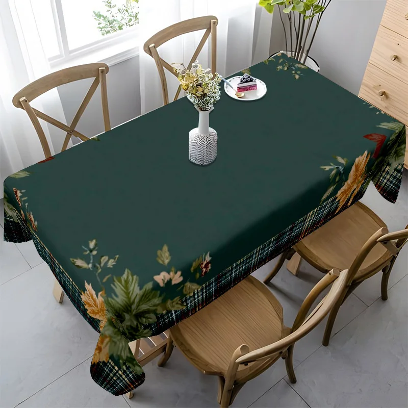 Rustic Floral Tablecloth, Dark Green Base With Autumn Foliage Motifs, Rectangular Table Cover for Kitchen & Dining Home Decor