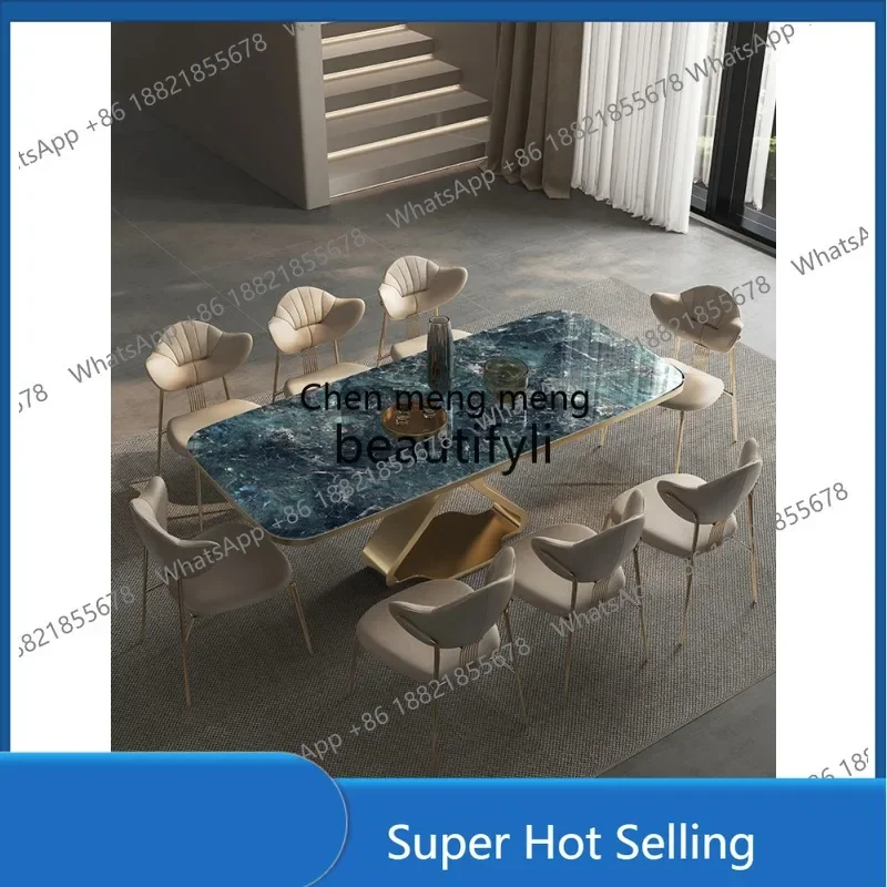 D5556 Modern simple villa dining table combination marble pattern household high-end luxury stone rock slab dining table