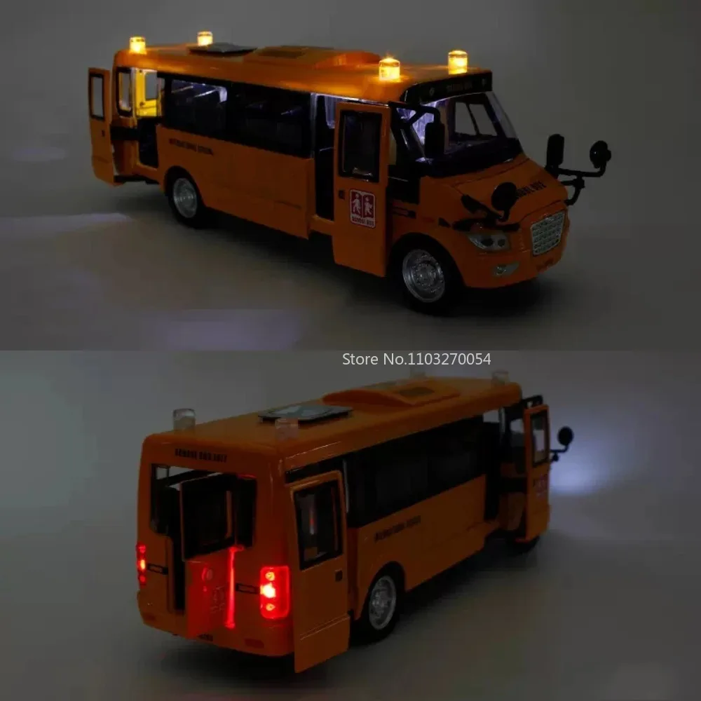 1:32 American School Bus Alloy Toy Car Model Diecast Metal Bus Vehicle Sound Light 5 Door Open Kids Educational Gifts Collection