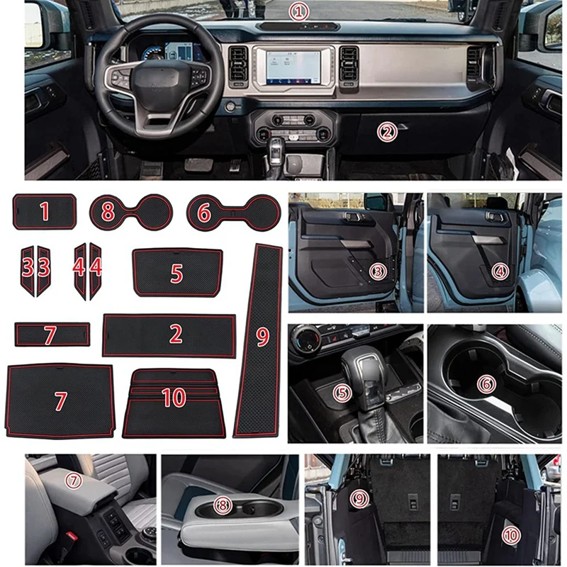 For Ford Bronco 2021 2022 4 Door Anti Dust Cup Holder Insert Center Console Shifter Liner Trim Door Packet Mats 13PCS