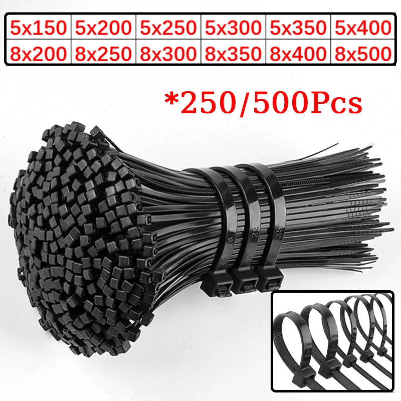 Samoblokująca plastikowa opaska nylonowa Czarna 5x300mm Opaska kablowa Pierścień mocujący 8*500mm Opaska kablowa z zamkiem błyskawicznym Pasek nylonowa opaska kablowa 5*300mm