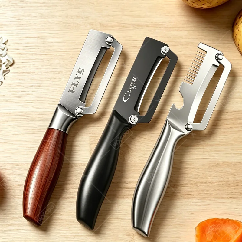 Küchenschäler Haushalts-Schälmesser Obst- und Gemüseschäler mit Holz-/Stahlgriff und Flaschenöffner Küchenwerkzeug