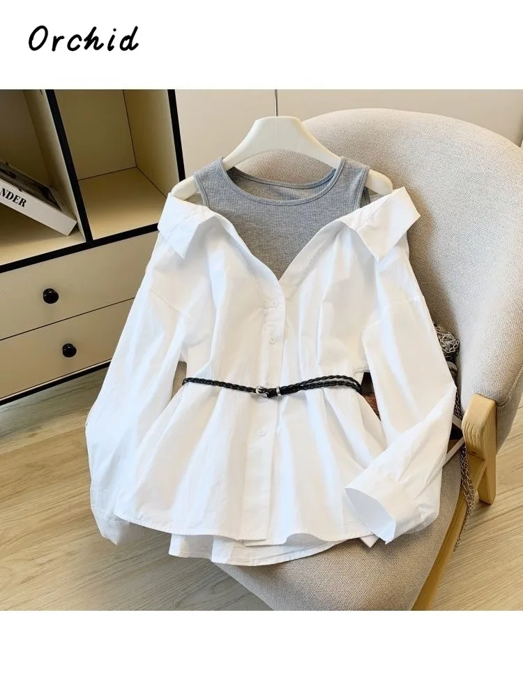 

Зима 2029, милые стильные искусственные блузки из двух предметов с круглым вырезом и длинными рукавами, женские повседневные модные рубашки Gyaru в стиле кокетли, лоскутные рубашки