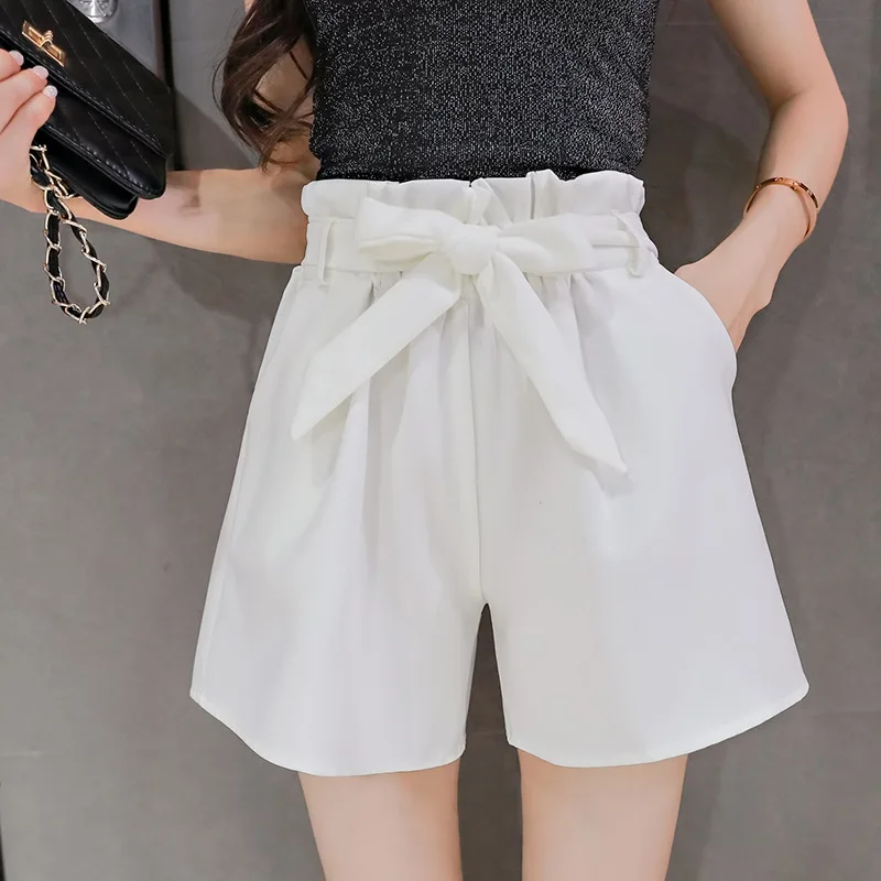 Shorts Women Loose Solid Color 2025 New Casual Spring and Summer High Waist Bow Tie Wide Leg Shorts