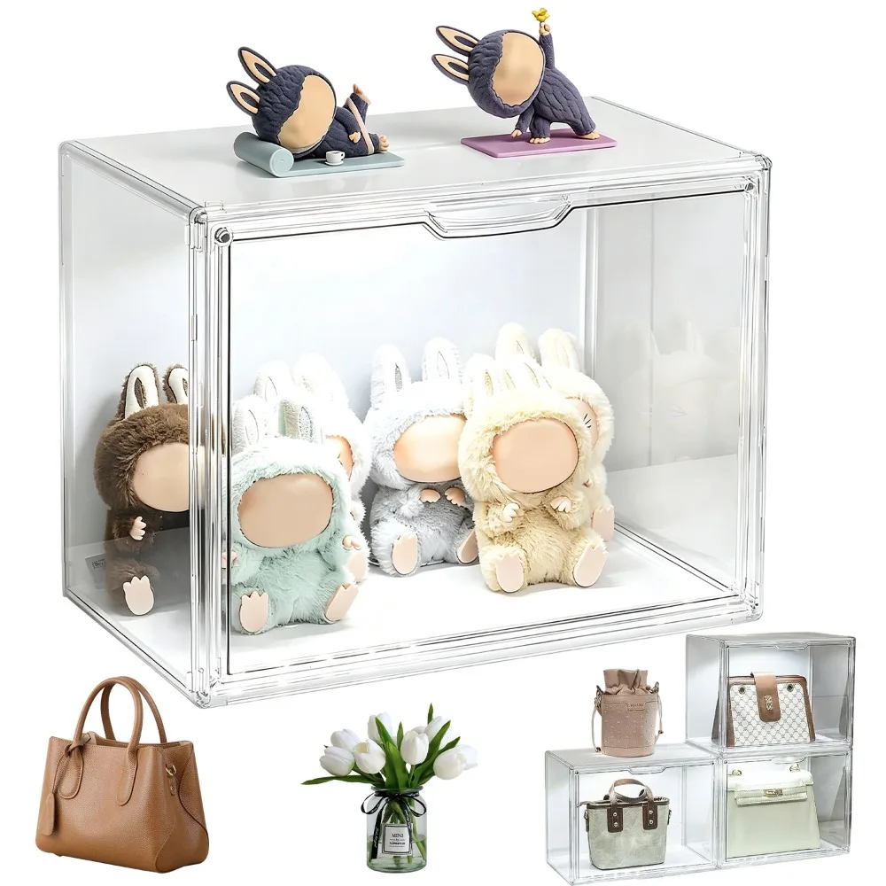 Boîte de présentation empilable en acrylique transparent 36x27x22cm avec éclairage LED intégré, organisateur de rangement anti-poussière pour chaussures, figurines, sacs à main, vitrine commerciale et domestique