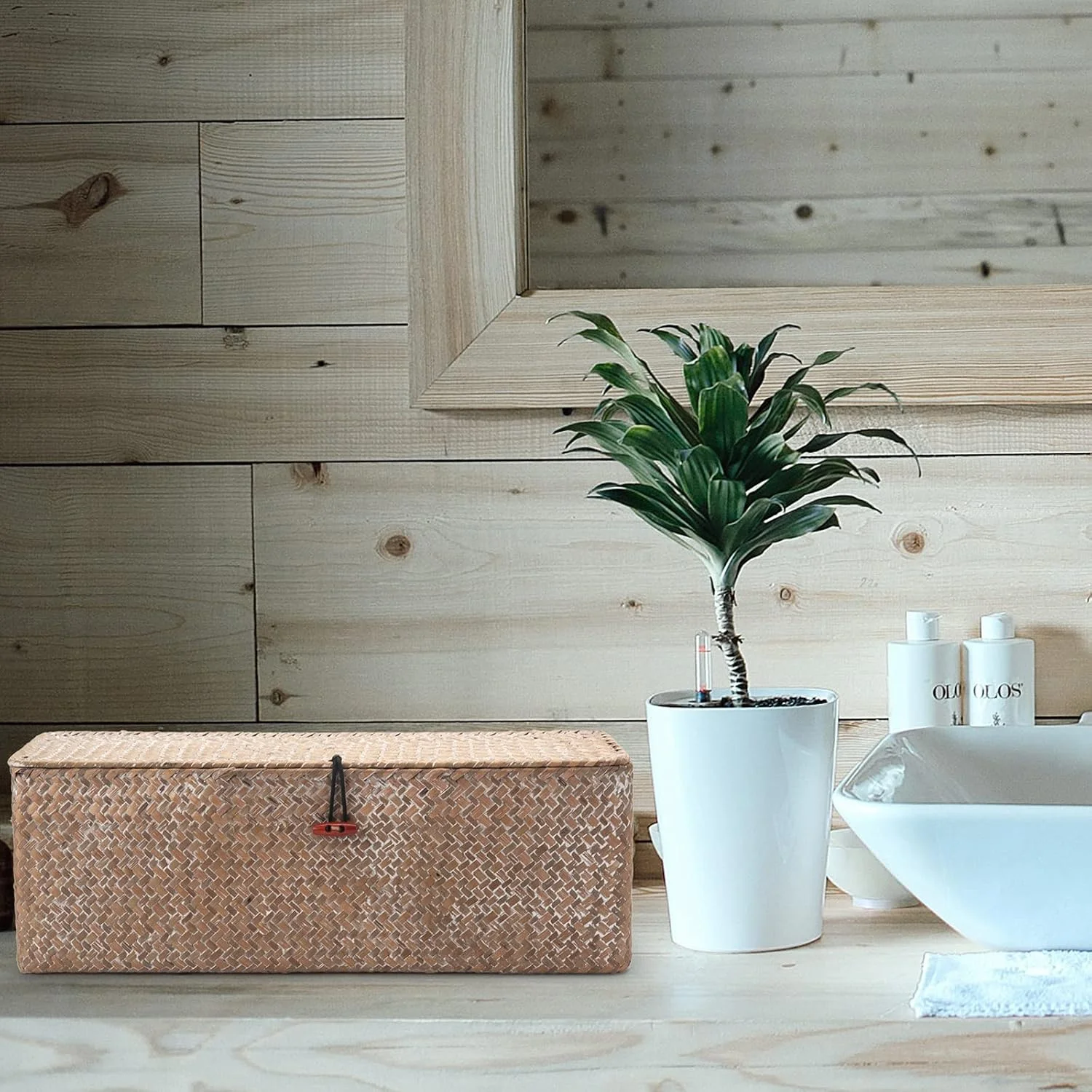 سلة خزان الأعشاب البحرية من Whitewash مع غطاء سلة تخزين مناديل المرحاض المنسوجة مع أقسام مستطيلة لتنظيم ألعاب الوجبات الخفيفة