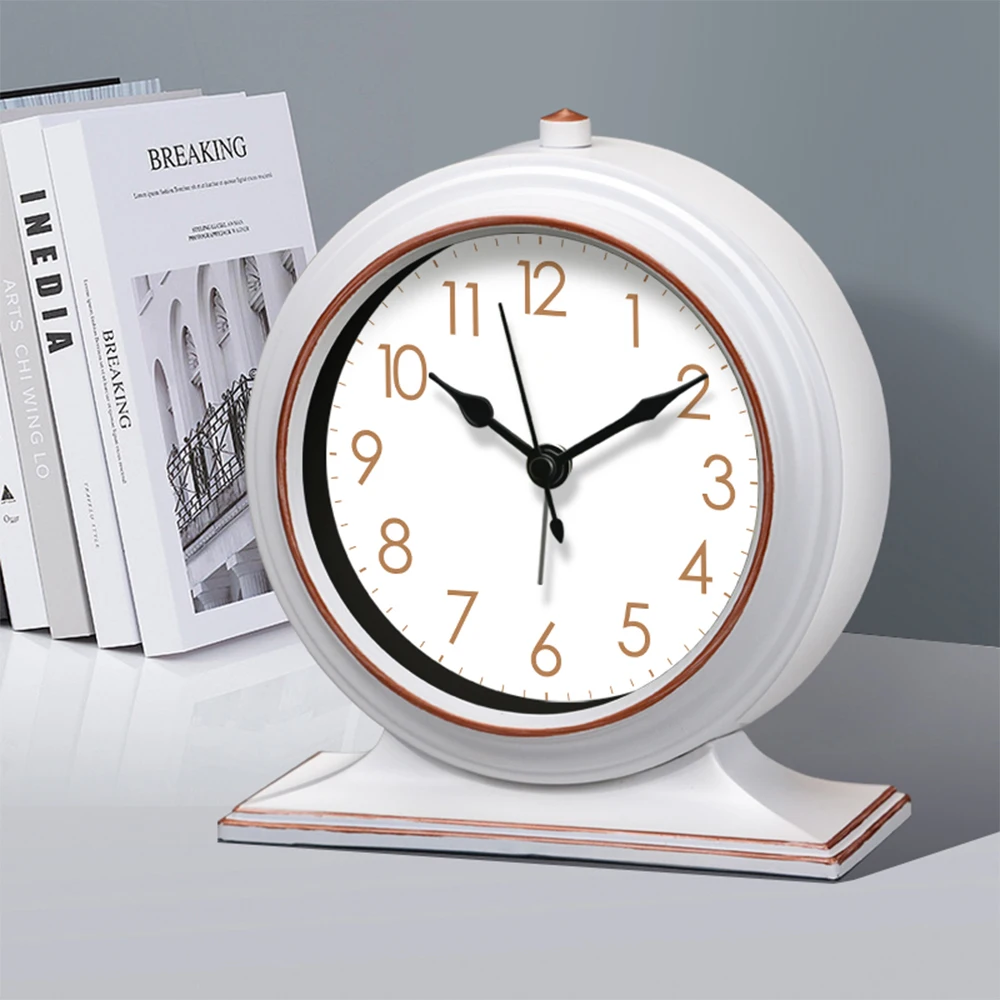 Vintage Weiße Tischuhr Zeitmanagement Luxus Nachttisch-Wecker Lautsprecher Geräuschlos für Schlafzimmer Wohnzimmer Büro
