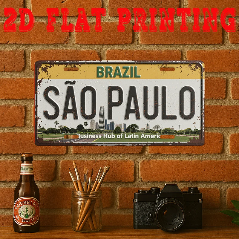 Brazil São Paulo Business Hub of Latin America 2D Flat Printing License Plate Style Metal Tin Sign, Vibrant Brazilian City Theme