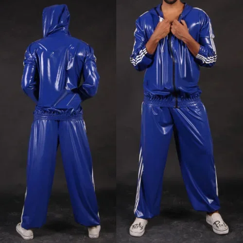 

100% Latex Rubber Auzug Top&Pant Blue Hooded Sport Catsuit 0.4mm fashion