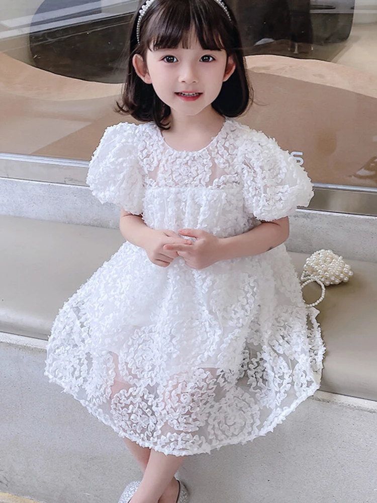 2024 Baby Girl Fashion Dresses Children\'s Puff Short Sleeve Clothing  Summer Solid Hollow Out Feather Lace Princess DressKorean