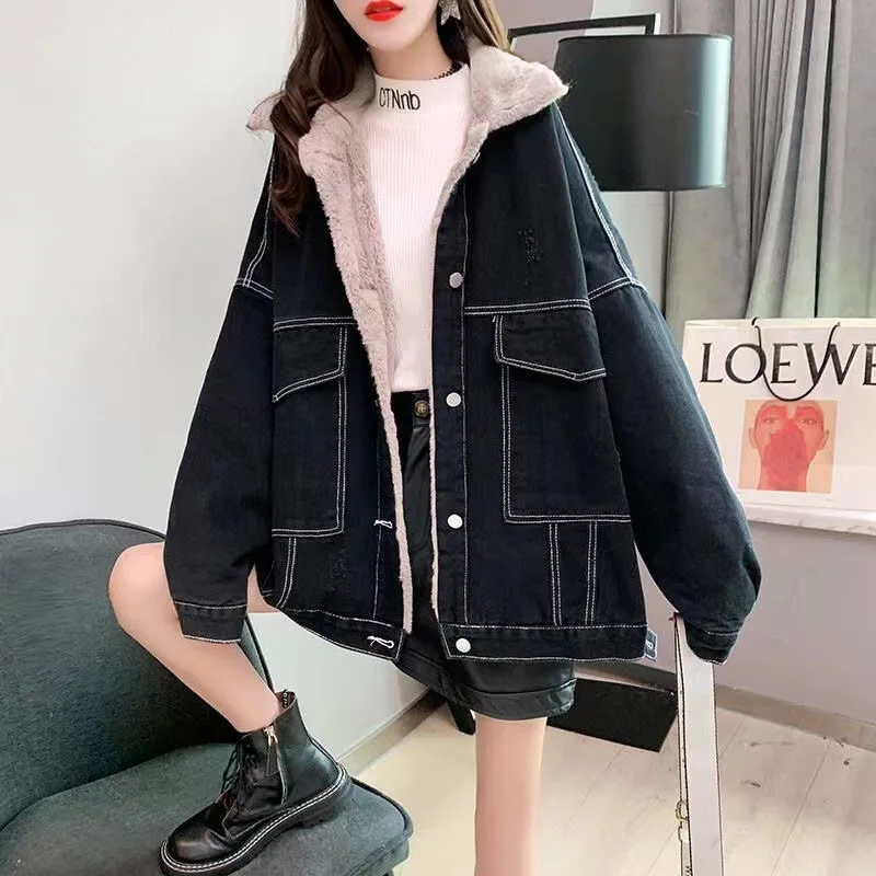 

Корейская свободная джинсовая куртка. Новое модное и универсальное повседневное пальто из толстого флиса с длинными рукавами для женщин осенью и зимой