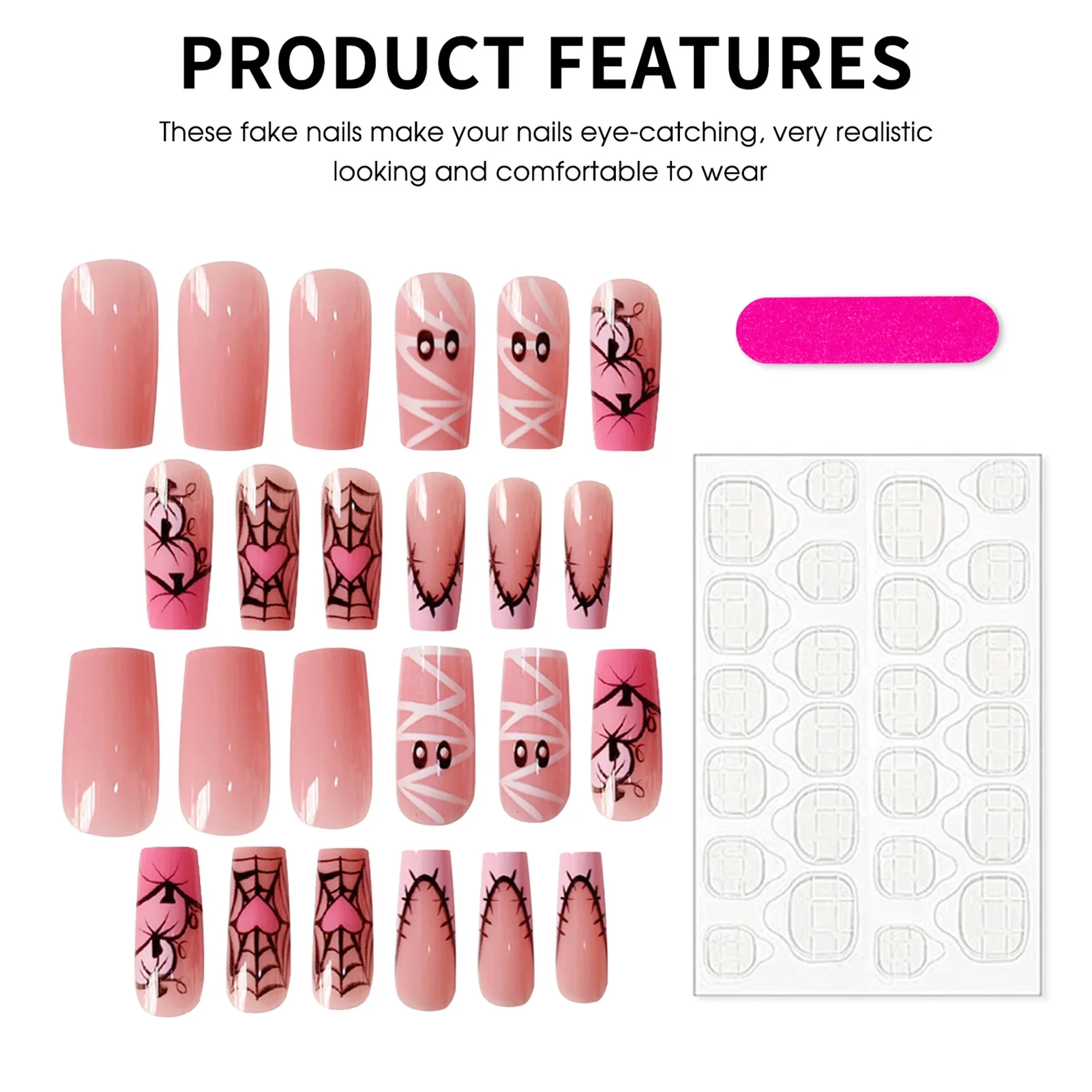 24pcs Sweet Cool Halloween False Nails Pink Medium Coffin French Fake Nails Bandage Ghost Spiderweb Pumpkin Design Press On Nail