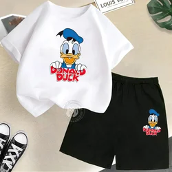 Disney Kids Summer 100% Cotton Summer Dress Donald Duck Alphabet Print Teen Boys Girls Short sleeve + Shorts Cotton casual suit