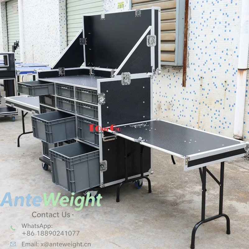 Heavy Duty 12 Drawer Transport Aviation Case with Worktop & Side Drawers Aluminum Flight Case for Industrial Equipment Storage