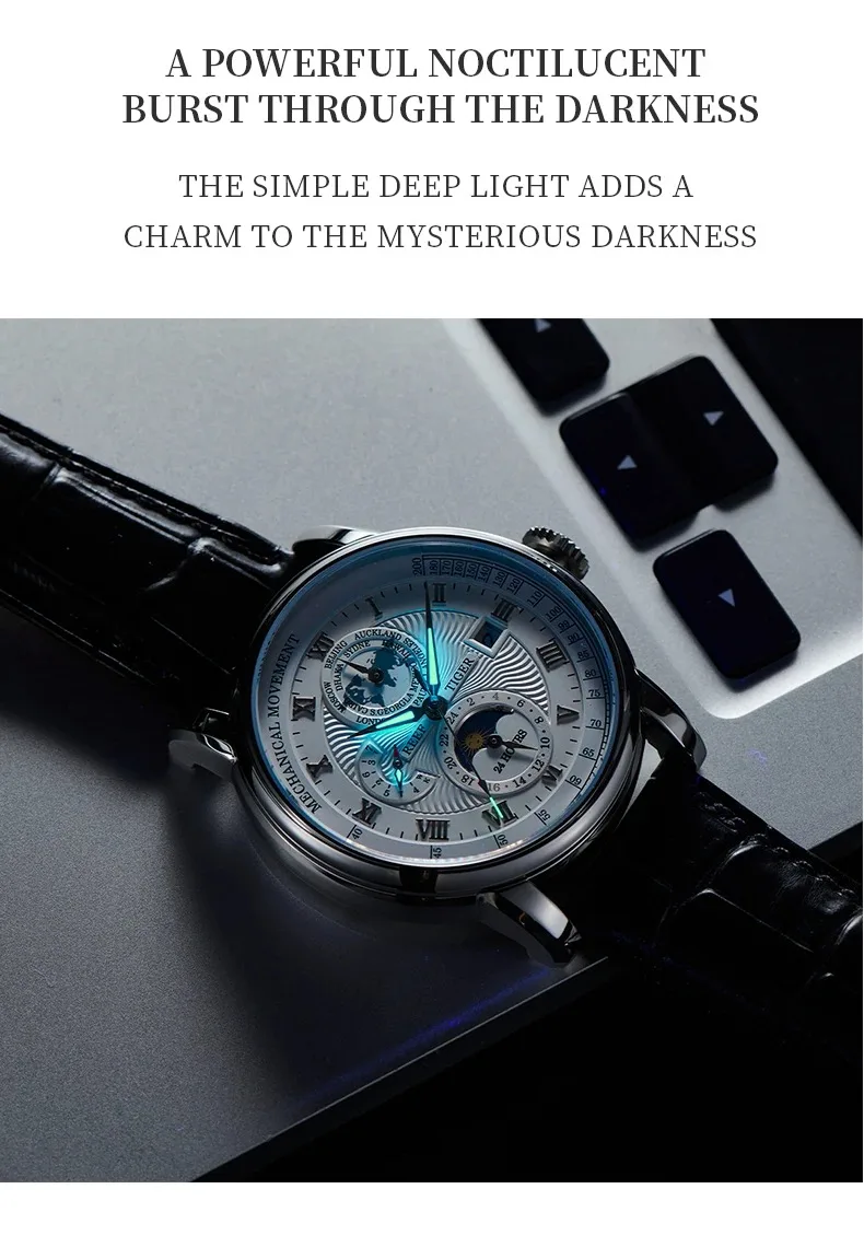 Мужские автоматические часы Reef Tiger, 42,5 мм, винтажные механические наручные часы, 50 м, водонепроницаемые, с сапфировым стеклом, с несколькими циферблатами, месяца, неделя, дата