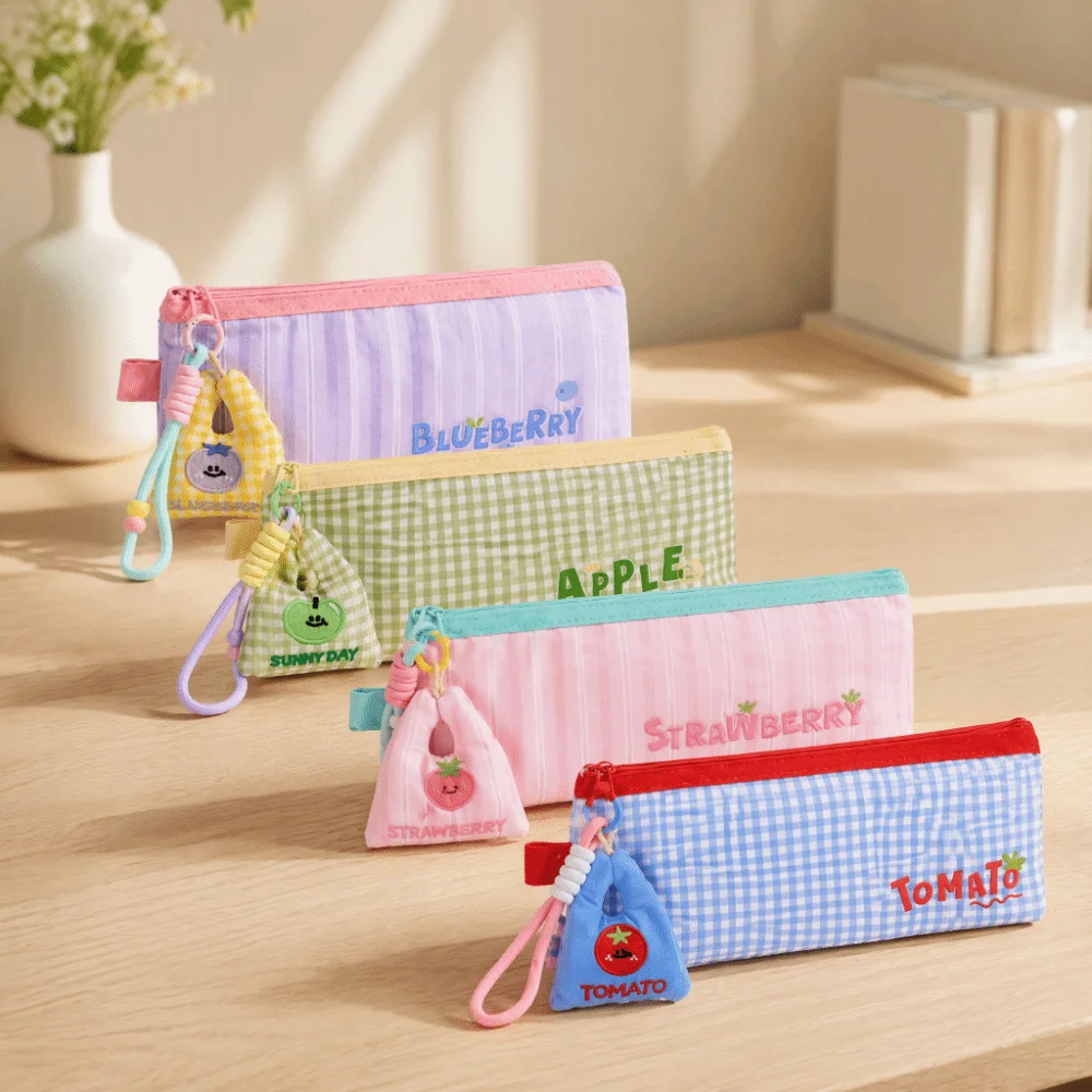 Cute Design Oxford Cloth Pencil Case Cartoon Style Large Capacity Pen Bag Fruit Pattern Triangle Shape Pen Pouch Girl