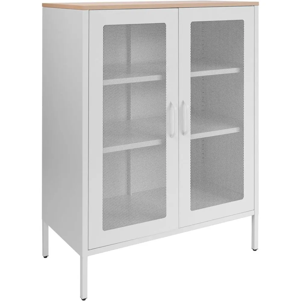 

Metal Accent Storage Cabinet with Magnetic Lock Mesh Doand Adjustable Shelves, Wooden Countertop reestanding Sideboard Buet Cabi
