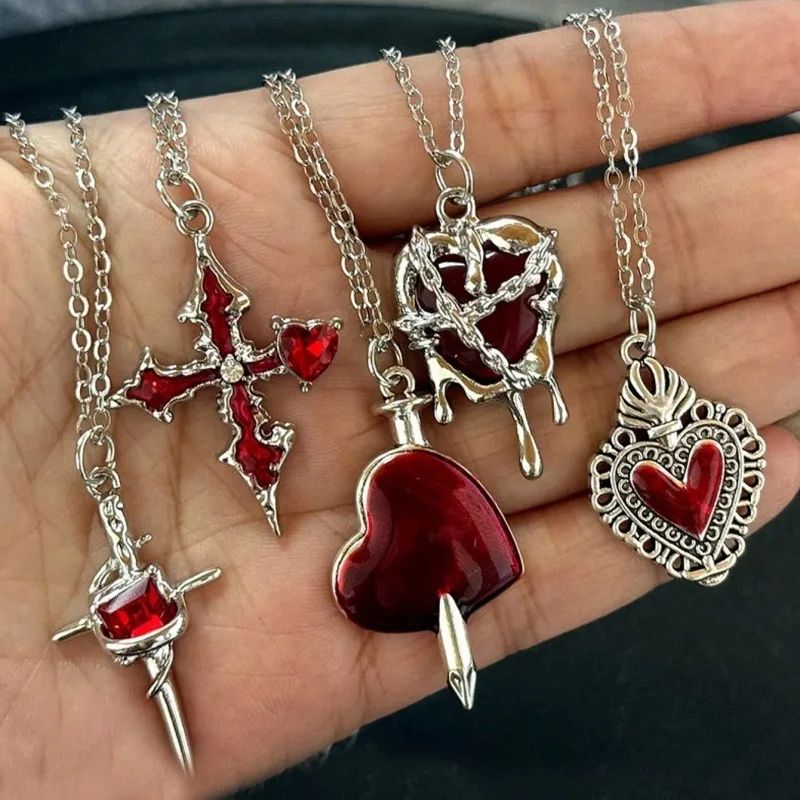 5Pcs Gothic Red Imitation Enamel Heart Cross Sword Necklace Set Heart Blood Heart Thorn Cross Dagger Pendant Necklace Jewelry