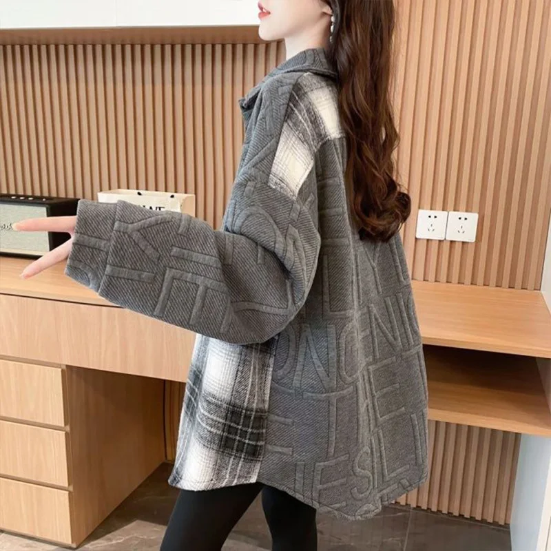 Casual Versatile Checkered Splicing Long Sleeved Women\'s Shirt Autumn Winter Large Size Loose Commuting Coat Top for Women