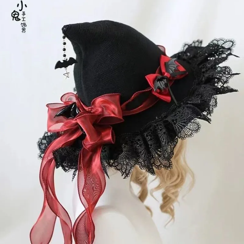 

Halloween Dark Small Hat Hair Accessories Victorian Gothic Lolita Headdress Sweet Lace Bow Headwear Cosplay Vintage Witch Hat