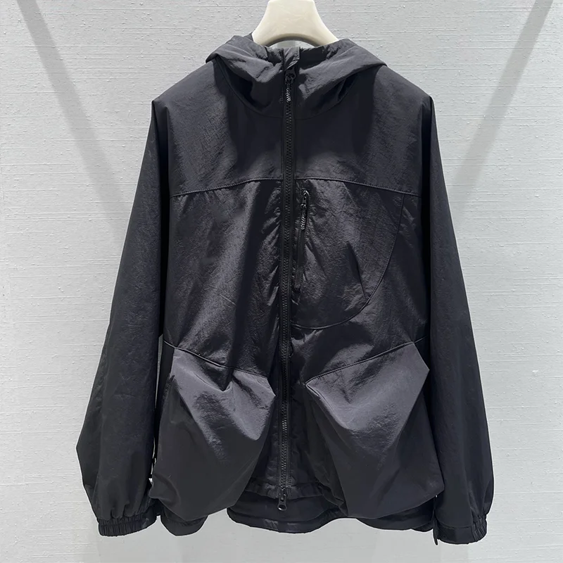 

High quality mid-length women's black hooded coat with two large pockets 2025 new jacket clothes for woman 251223147