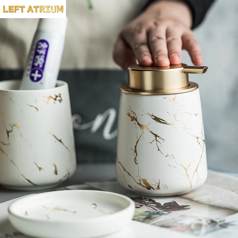 Marbling Texture Ceramic Bathroom Set Portable Soap Dispenser Mouthwash Cup Toothbrush Cup Lotion Bottle Soap Box Bath Supplies
