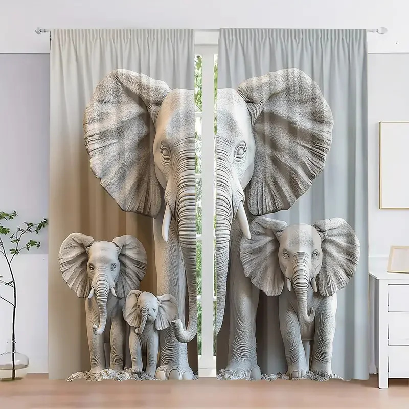 Three-headed elephant decorative printed curtains, suitable for home decoration in bedrooms and living rooms