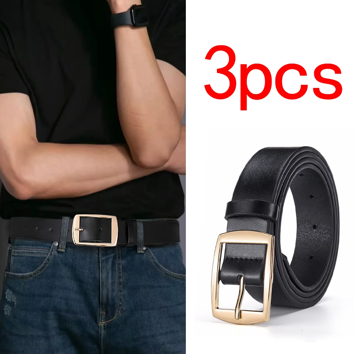 3-teiliger Herrengürtel, Schnallengürtel aus Goldlegierung, modisch, stimmungsvoll, schlicht, lässiger Jeans-Dekorationsgürtel, ist ein gutes Geschenk – Detail 2