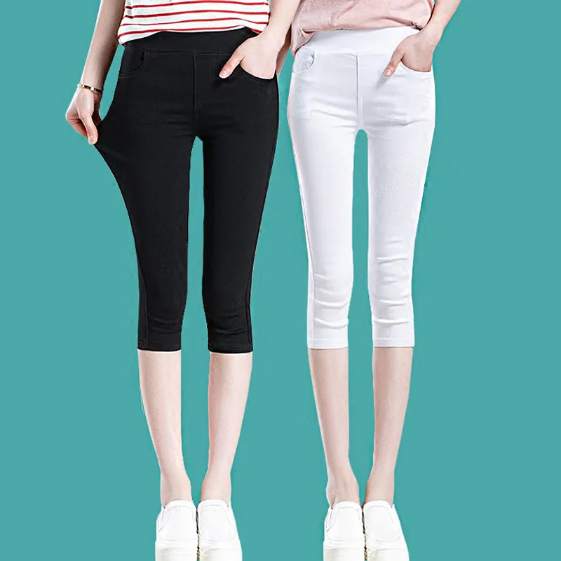 Large Size Breeches Women Summer Black White Leggings Cotton Skinny Stretch Trousers Casual Knee Length Capris Pants 5XL 6XL