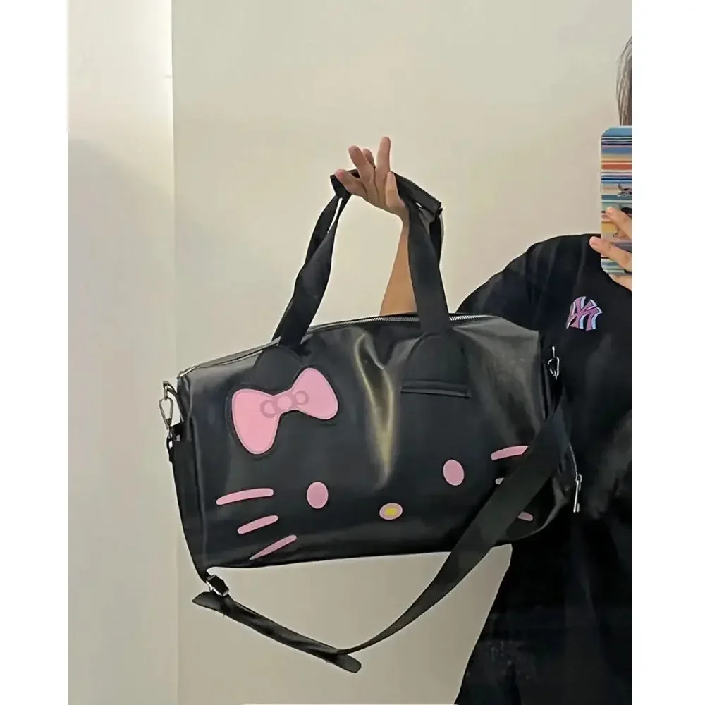 Travel Bag PU Leather Hello Kitty Large Capacity Gym Bag for Women Girl Kawaii Purse Duffle Bag Lightweight Portable